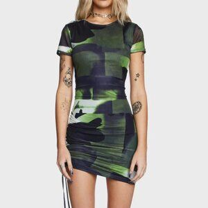 Ruching Detail Printed Mesh Mini Dress